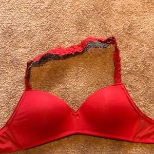 Red silky bra with lace halter strap